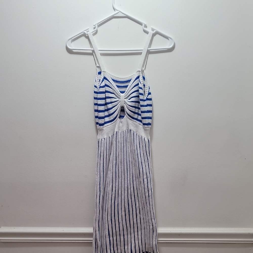 Spaghetti Strap Blue and White Striped Knit Dress